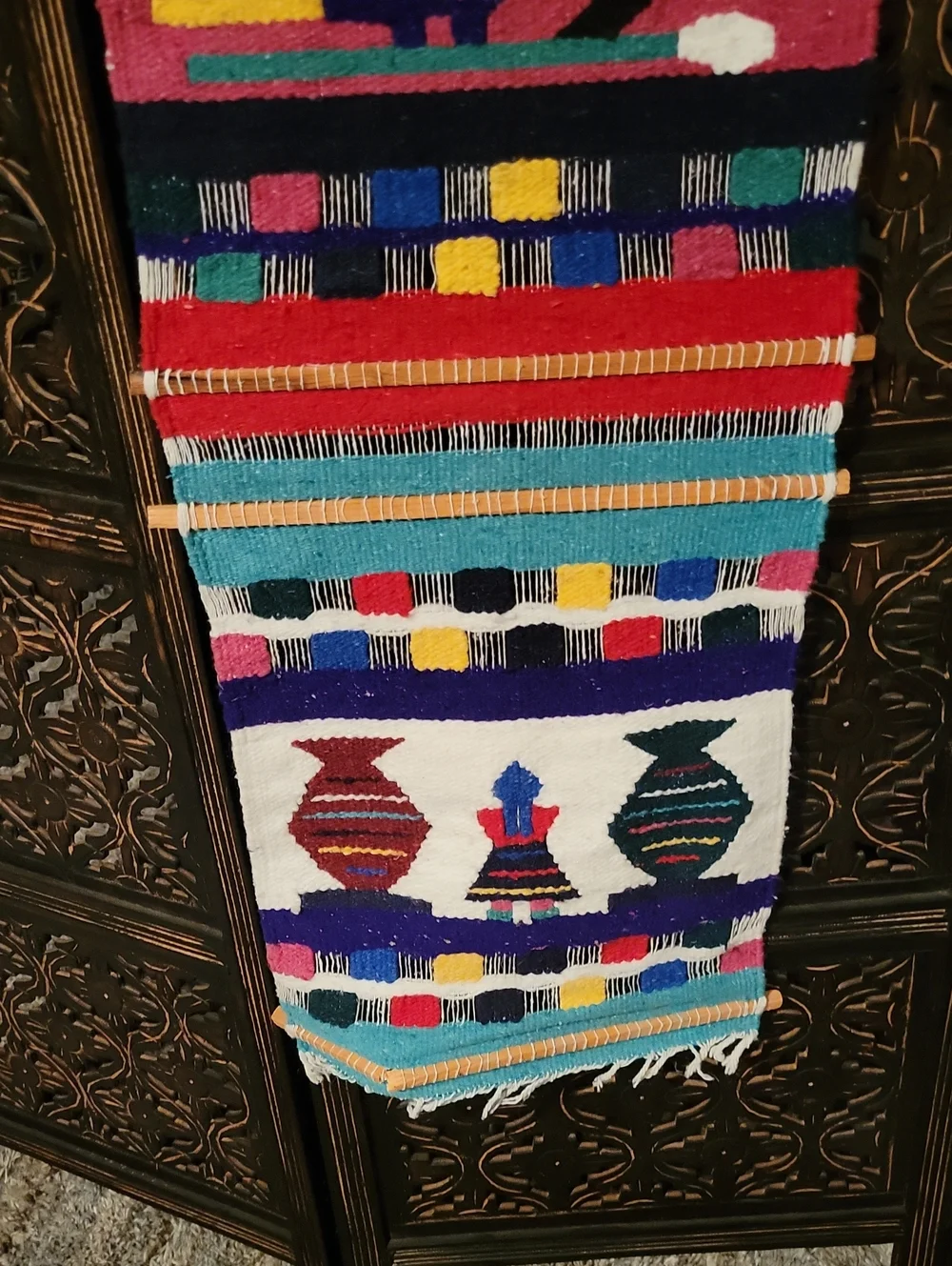 Hand Crafted Blue Pink Multicolor Southwestern Geometric Wall Tapestry